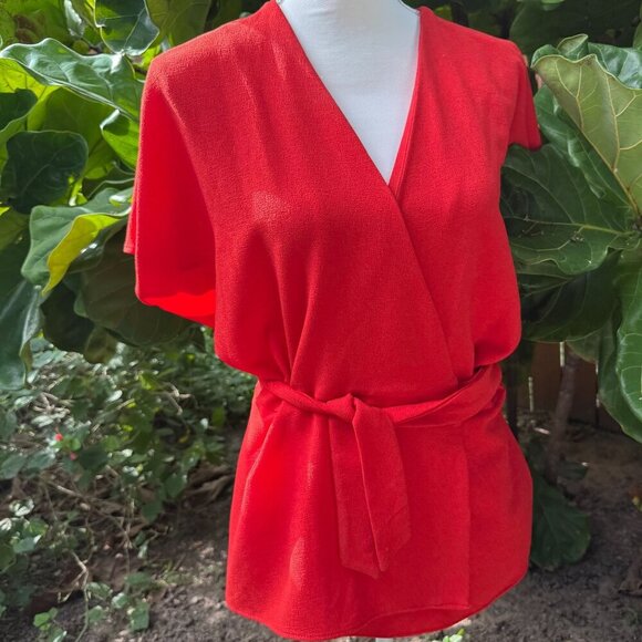 Topshop Women's Red Wrap‎ Tie Waist Blouse Size 8 Career Office Feminine - Picture 8 of 8